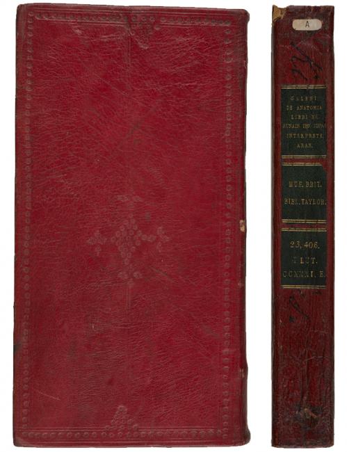 An example of the red binding on one of Taylor’s manuscripts (Add MS 23407)  &amp; the spine of a manuscript from Taylor’s Library (Add MS 23406)