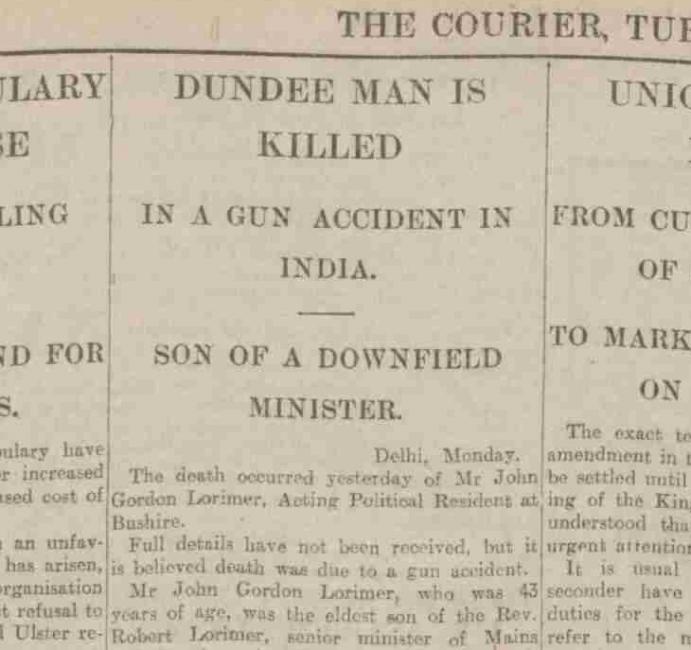 Article on the death of Lorimer in the Dundee Courier, 10 February 1914. Courtesy of the British Newspaper Archive.