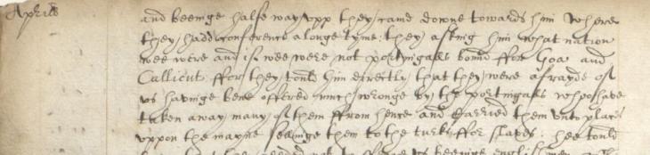 Fragment in which the Socotrans report that the Portuguese had been ‘selling them to the turks ffor slaves’, 22 April 1608. IOR/L/MAR/A/V, f. 26v