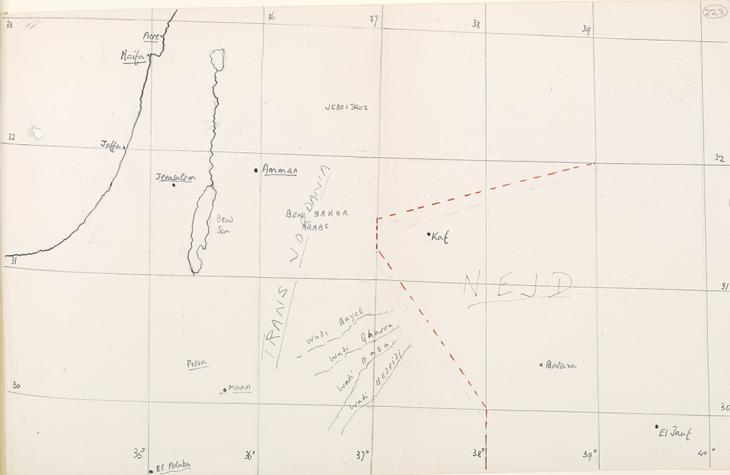 خريطة مبدئية للخط الحدودي لوادي السرحان على ضوء المفاوضات مع ابن سعود، نوفمبر ١٩٢٥. IOR/L/PS/10/1144, f 223