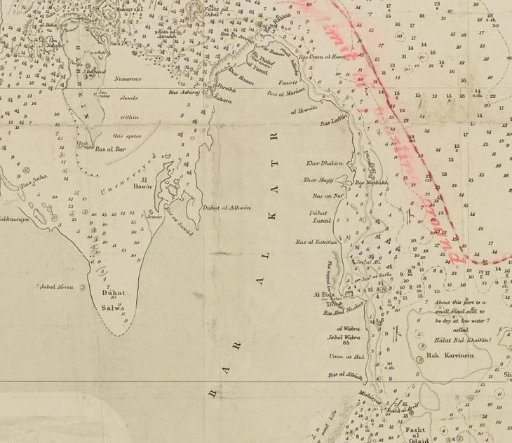 جزءٌ مفصّل يبين شبه جزيرة قطر من خريطةٍ أعدّها القائد ت. ج. كونستابل والملازم آرثر ويليام ستيف، ١٨٦٠. IOR/W/L/PS/10/457 (ii)، ص. ٢٣٨ب و