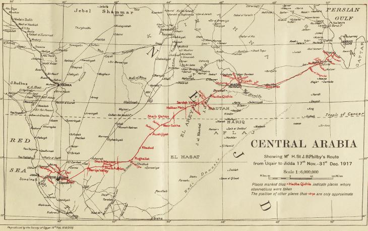 خريطة تظهر الطريق الذي سلكته بعثة فيلبي الدبلوماسية إلى ابن سعود عبر الجزيرة العربية سنة ١٩١٧. IOR/L/PS/10/658، ص. ١٠٣و