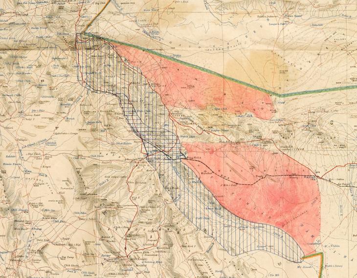 جزء من خريطة المنطقة الحدودية بين بلاد فارس وأفغانستان وبلوشستان، تشير إلى المناطق التي استكتشفها المسّاحون الهنود والفارسيون في سنة ١٩٣٢. IOR/L/PS/12/3425, f 118