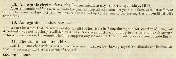 Excerpt from a report by the commissioners investigating operations in Mesopotamia, chaired by Lord George Hamilton, former Secretary of State for India, written in 1916 and used in the Vincent-Bingley report. IOR/L/PS/20/257, f. 34r
