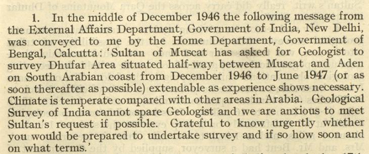 Extract of Foreword from the report on &#039;The geology and mineral and other resources of Dhufar Province&#039;. IOR/R/15/1/398, f. 12