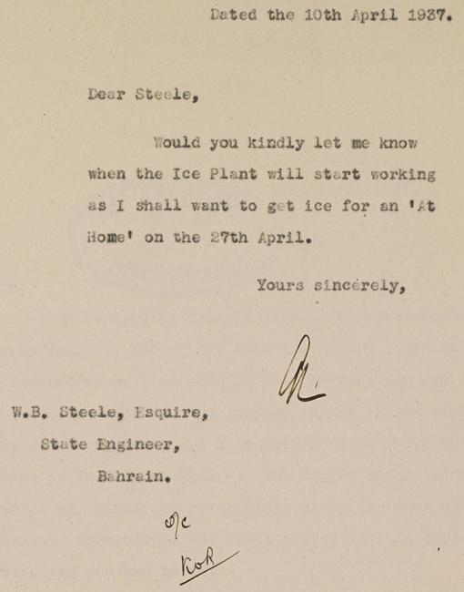 Letter from Lieutenant-Colonel Gordon Loch, Political Agent at Bahrain, enquiring about the ice plant, 10 April 1937. IOR/R/15/2/1006, f. 64r