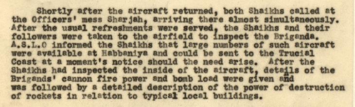 مقتطف آخر من تقرير حول الجولات الاستعراضية لطائرات الأسطول ٨٤ فوق المشيخات المتصالحة، يونيو ١٩٤٩، كتبه ج. ي. لويس، ضابط الارتباط بالأركان الجوية. IOR/R/15/2/293، صص.١٣– ١٤