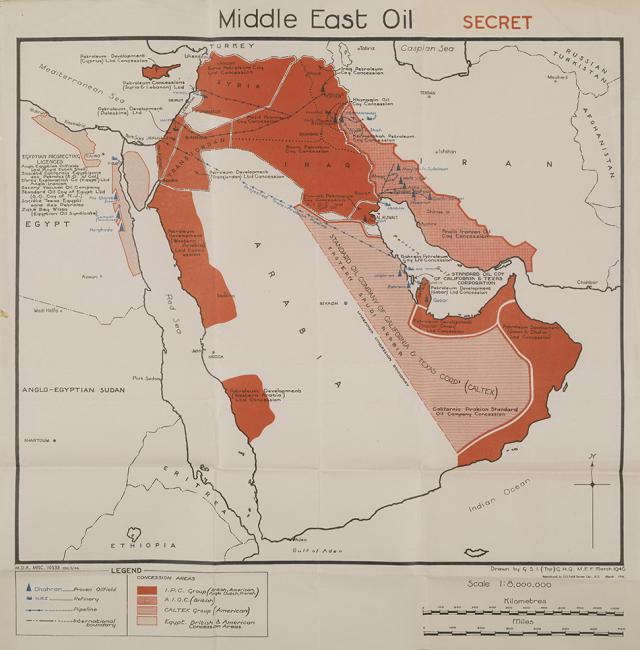 خريطة تبين مناطق امتيازات النفط والمسار المقترح لخط الأنابيب العابر لشبه الجزيرة العربية. IOR/R/15/2/879, f 55