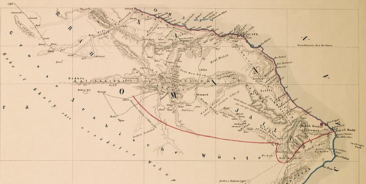 تفصيل من خريطة لعُمان والمهرة، يستند بشكل رئيسي إلى مسوحات ويلستيد ورحلاته، ١٨٤٦. IOR/X/2942/5/1، ص. ١و