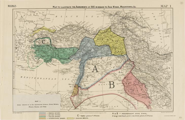 خريطة تبين تقسيم الشرق الأوسط وفقًا لتصور سايكس وبيكو في ١٩١٦. Mss Eur F112/276, f 101