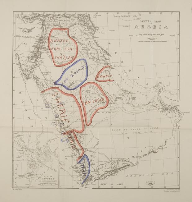 خريطة مطبوعة للجزيرة العربية، مع إضافات مكتوبة بخط اليد تبيّن &quot;الاتحادات المعادية&quot; و&quot;الصديقة&quot;. Mss Eur F112/552، ص. ١٠و
