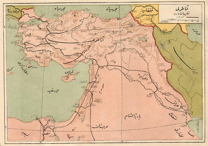خريطة توضح نظام السكك الحديدية في الدولة العثمانية قبل الحرب العالمية الأولى. ملكية عامة.