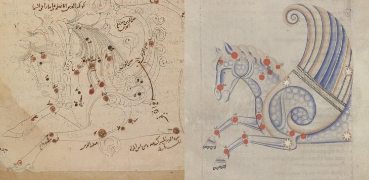 كوكبة الفرس الأعظم في &quot;كتاب صور الكواكب الثابتة&quot; للصوفي (اليسار، Or. 5323، ص. ٣٠ظ) ونفس الكوكبة أيضاً في نسخة معاصرة من القرن الثالث عشر لترجمة الكتاب اللاتينية (اليمين، Bibliothèque de l’Arsenal, Ms. Latin 1036، ص. ١٦و)