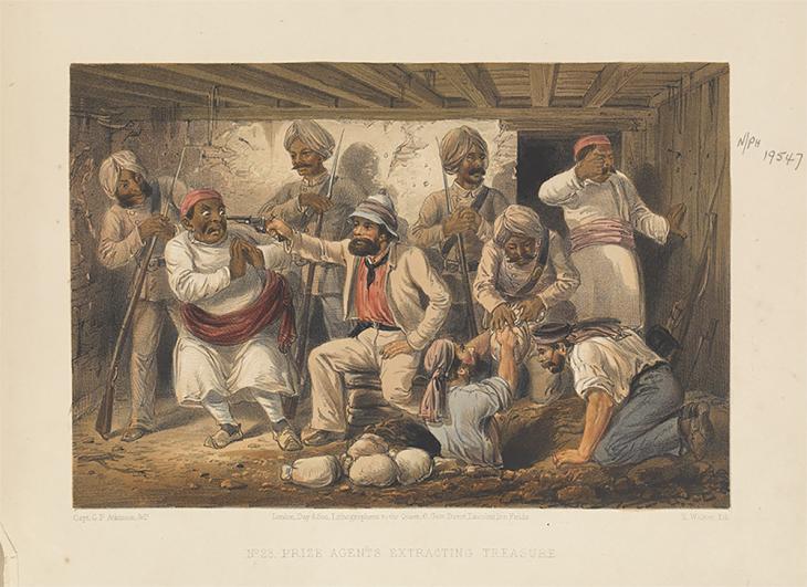 صورة ملونة مطبوعة حجريًا بعنوان «وكلاء الغنائم يستخرجون كنزًا» من كتاب &quot;الحملة في الهند ١٨٥٧-١٨٥٨&quot; لأتكينسون. الصورة من مجلس متحف الجيش الوطني، لندن، NAM. 1971-02-33-495-23