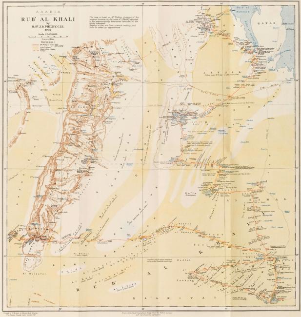 خريطة فيلبي للربع الخالي، المستخدمة في كتابه &quot;الربع الخالي&quot; (لندن، شركة كونستابل وشركاه المحدودة، ١٩٣٣). ملكية عامة